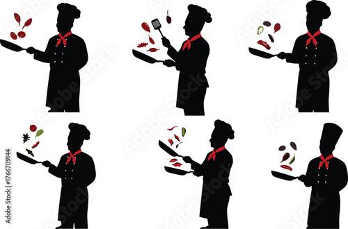 Flat vector, chef silhouettes cooking, frying pan action, culinary art, restaurant kitchen, food preparation, professional cook, gastronomy illustration design