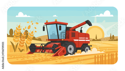 Vivid flat illustration of a red combine harvester in action, cutting ripe golden wheat in a sun-drenched field under a clear blue sky with fluffy white clouds, symbolizing agricultural abundance and