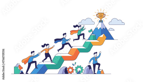 Vibrant vector illustration depicting the concept of business motivation, teamwork, and achieving success, with stylized figures climbing a colorful upward-trending graph towards a mountain peak