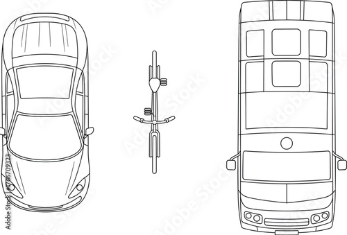 CAD drawing flat vector, car bicycle double decker bus top view illustration, vehicle comparison design, transportation blueprint, urban planning diagram layout
