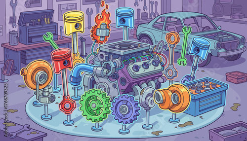 Vibrant and Colorful Car Engine Components Displayed in a Mechanic's Workshop, Featuring Pistons, Turbochargers, Gears, and a Car Undergoing Repair, Illustrating Automotive Technology and Industry.