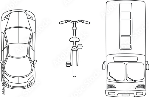 CAD drawing flat vector, car bicycle bus top view illustration, vehicle comparison design, transportation blueprint, urban planning diagram, mobility layout