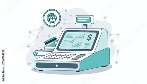 Modern electronic cash register with a digital display showing financial charts and graphs, a credit card, and a shopping cart icon symbolizing online commerce, representing the integration of