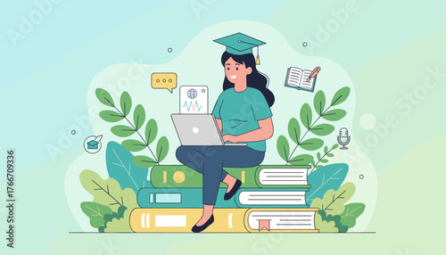 Vibrant vector illustration of a happy female student graduate wearing a cap and gown, sitting on a stack of books with a laptop, symbolizing online education, e-learning, and academic achievement