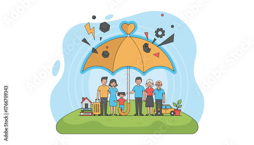 Vibrant vector illustration depicting a multi-generational family standing under a large, protective umbrella, symbolizing life insurance and security against life's challenges like financial risks