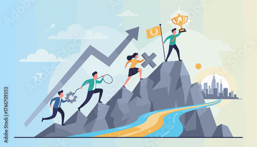 Vivid vector illustration depicting the concept of business motivation, teamwork, and achieving success through a challenging mountain climb towards a city skyline, symbolizing growth and