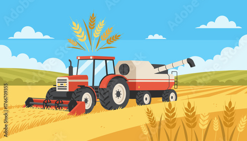 Vibrant flat illustration of a red tractor and a combine harvester working in a golden wheat field under a bright blue sky with fluffy white clouds, depicting the agricultural process of crop