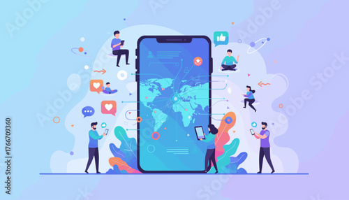 Vibrant vector illustration depicting global communication and social networking through a giant smartphone, with diverse people interacting via mobile devices, sharing likes, messages, and