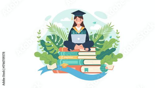 Vibrant vector illustration of a smiling female student in graduation attire, sitting cross-legged atop a stack of colorful books, engrossed in her laptop amidst lush green foliage and a serene sky