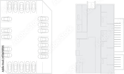 CAD drawing flat vector, parking lot building floor plan, architectural blueprint design, top view illustration, urban planning diagram, commercial facility layout