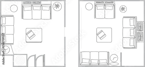 CAD drawing flat vector, interior room layout comparison, furniture arrangement design, top view bedroom illustration, modern home blueprint, space planning diagram