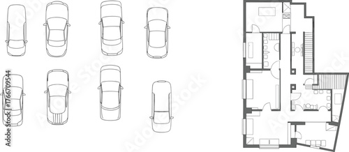 CAD drawing flat vector, car parking grid illustration, architectural building floor plan, top view design, urban planning diagram, residential layout blueprint