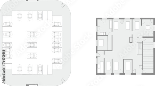 CAD drawing flat vector, parking garage layout, residential building floor plan, architectural blueprint design, top view illustration, urban planning diagram, facility layout