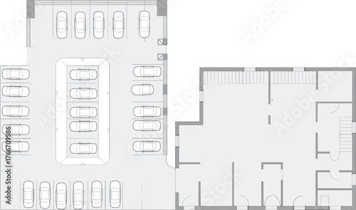 CAD drawing flat vector, parking garage floor plan, architectural building layout, commercial facility blueprint, top view design, urban planning diagram illustration