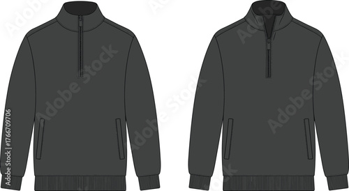 Black pullover sweatshirt front and back, half zip collar design, winter casual wear, vector flat sketch, CAD fashion illustration