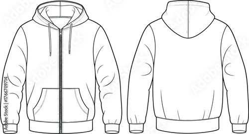 Zip up hoodie front and back view, hooded sweatshirt design, casual wear illustration, vector flat sketch, CAD fashion drawing template
