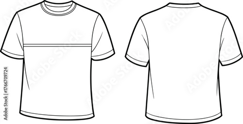Short sleeve crew neck t shirt technical flat sketch, front and back view fashion cad drawing, vector apparel design template