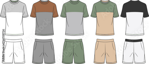 Modern men's casual outfit set, t-shirt and shorts, color block activewear collection, fashion flat sketch, vector CAD drawing illustration, apparel design