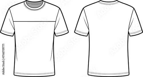 Realistic short sleeve t shirt front and back flat sketch, fashion cad drawing template, vector apparel design outline illustration