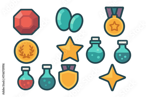 Colorful icons of magic potions, shiny gems, achievement medals, and golden stars