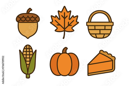 Autumn harvest icons set featuring pumpkin, corn, acorn, maple leaf, basket, and pumpkin pie slice