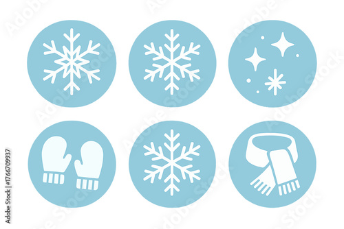 Collection of essential winter symbols featuring snowflakes, warm mittens, and a cozy scarf