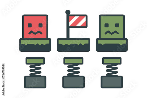 Retro pixel art style 2D platformer elements: enemy characters, checkpoint flag, and bounce pads