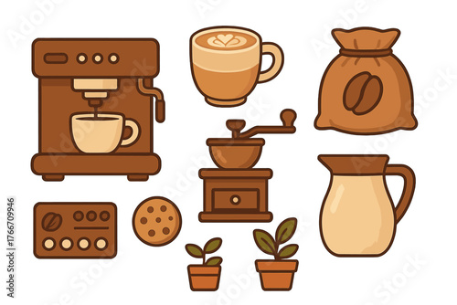 Coffee shop equipment collection including espresso machine, grinder, latte cup, and bean bag