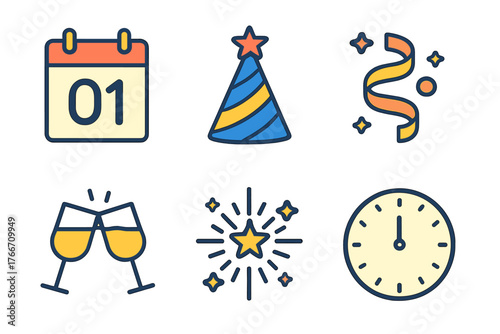 Festive symbols for New Year celebration including calendar date, party hat, clock, and champagne toast