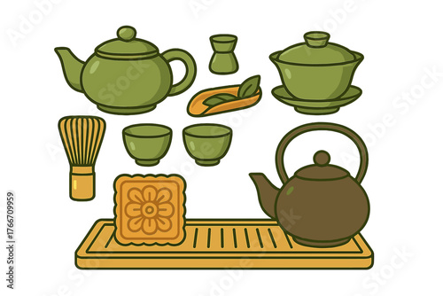 Traditional Asian tea set elements with teapots cups whisk gaiwan tea scoop and mooncake