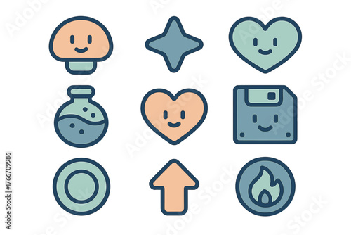 Playful digital symbols set featuring hearts, magic potion, floppy disk, and upward arrow