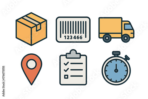 Set of essential icons for shipping, logistics, and delivery services: package box, barcode, truck, location pin, and checklist