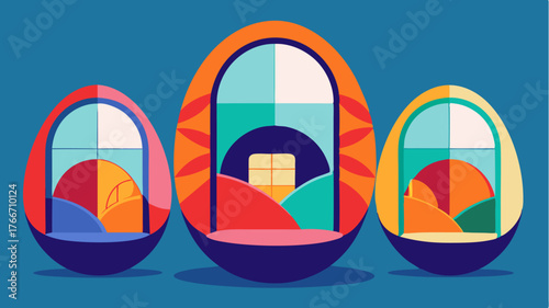 Brightly colored writing pods designed with abstract patterns providing private spaces for focused work.