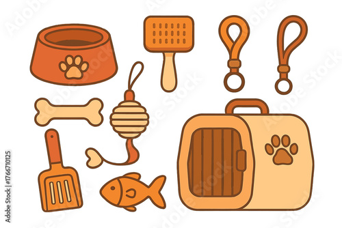 Collection of essential pet care accessories including food bowl bone brush leash and carrier