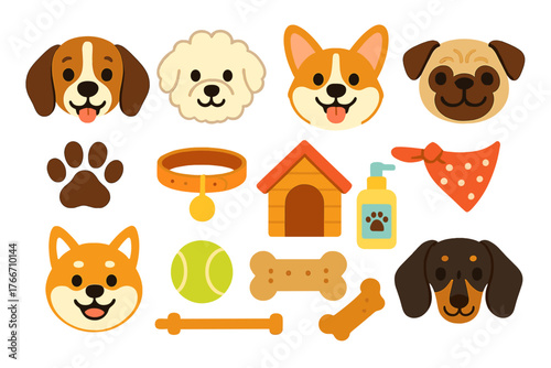 Cute cartoon dog faces and essential pet care accessories set featuring various breeds