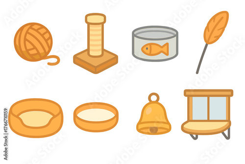 Essential supplies for feline pets including scratching post, bed, food, and toys