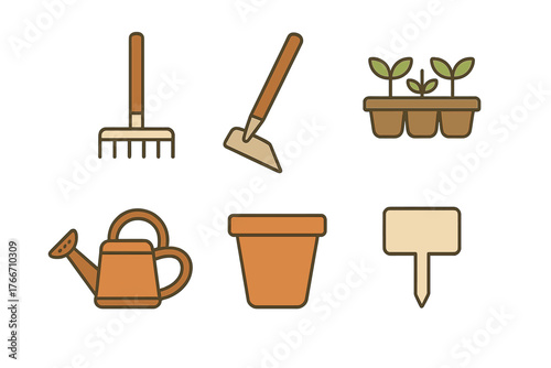Essential gardening tools and planting supplies set including rake, hoe, watering can, pot, and young seedlings