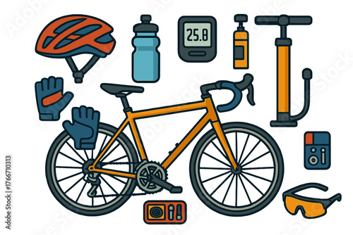 Road cycling equipment collection including bicycle, helmet, pump, and water bottle