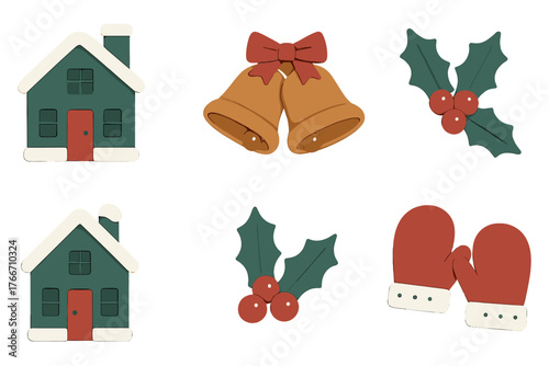 Stylized Christmas holiday icons set featuring winter houses, jingle bells, holly, and warm mittens