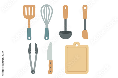 Kitchen cooking utensils set including whisk spatula knife tongs and cutting board