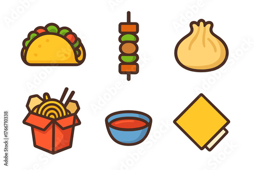 Collection of international cuisine symbols featuring taco, shish kebab, dumpling, and takeout noodles