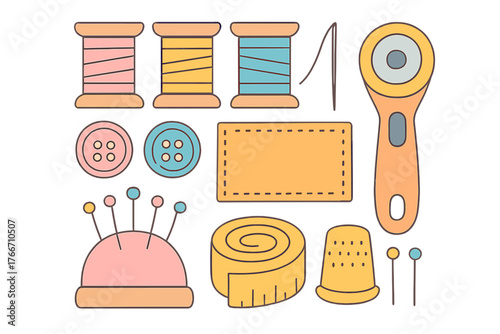 Colorful flat lay of essential sewing supplies including thread, buttons, and thimble