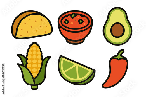 Collection of popular Mexican cuisine dishes and ingredients including taco, salsa, avocado, corn, and lime