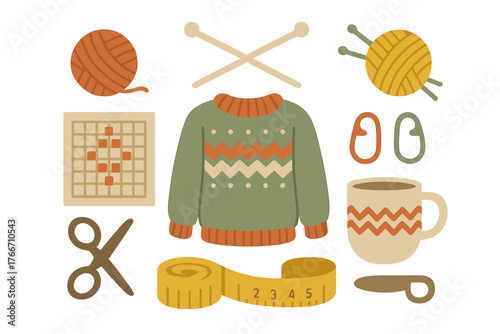Cozy collection of knitting and sewing supplies including yarn, needles, sweater, scissors, and measuring tape