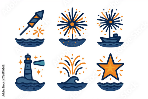 Nautical celebration symbols set with fireworks rocket lighthouse boat and star over ocean waves