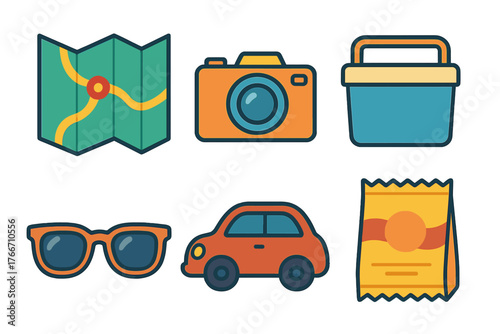 Colorful set of essential items for a summer road trip or outdoor picnic adventure