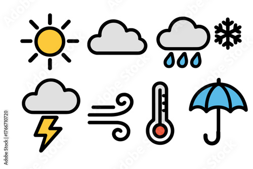 Colorful collection of weather forecast symbols including sun, rain, snow, wind, and temperature
