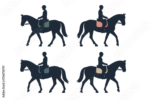 Set of four silhouettes showing equestrian riders on horses walking in dressage pads