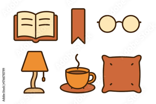 Cozy reading and relaxation icons set featuring book, coffee, lamp, eyeglasses, bookmark, and pillow