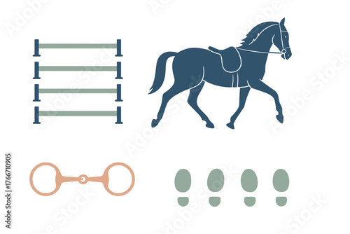 Collection of stylized graphic elements for equestrian sports featuring horse silhouette and jumping gear